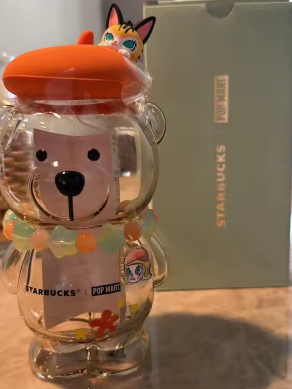 Starbucks Clear Bear Tumbler with Orange Lid and Pastel Beads - Picture 4 of 4